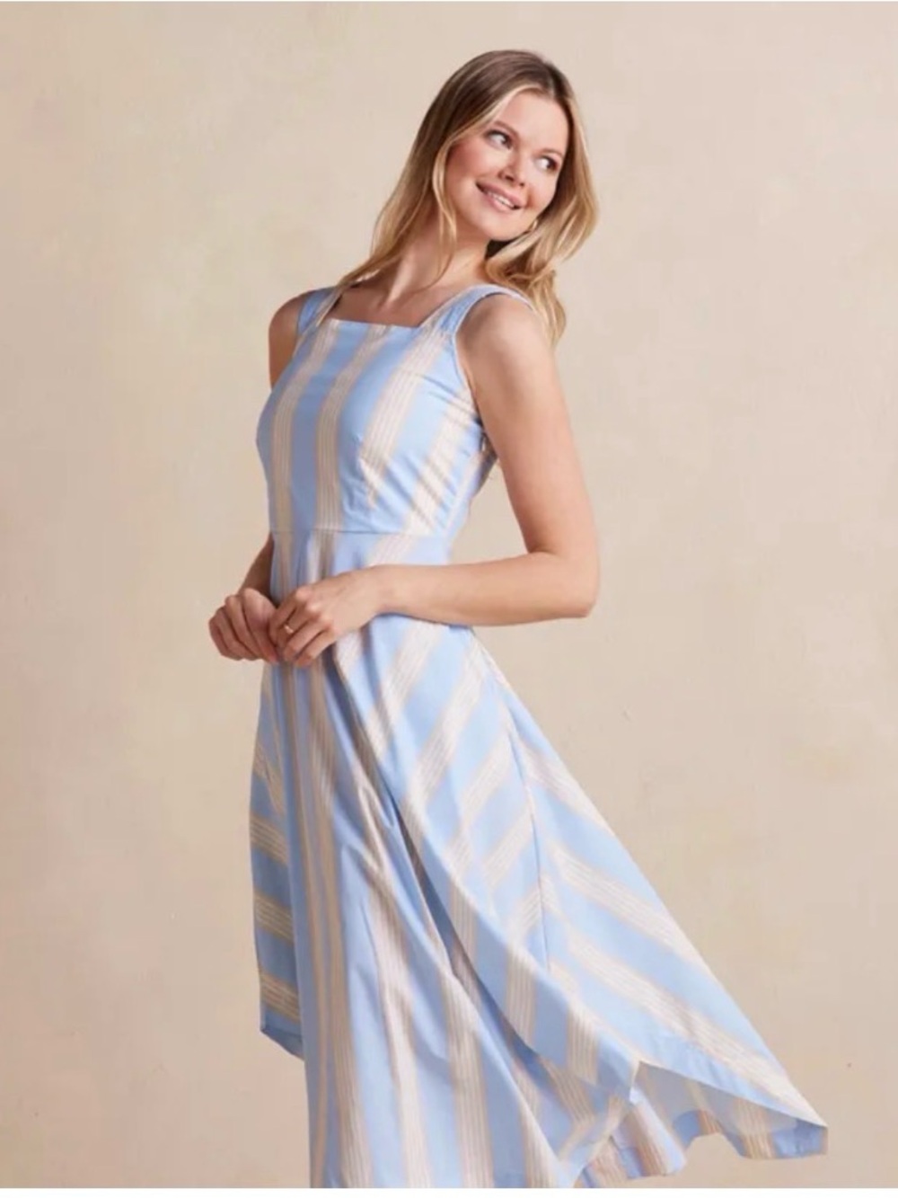 NWT Summer salt Chic Asymmetrical Blue and White Striped Midi Dress Size: L
